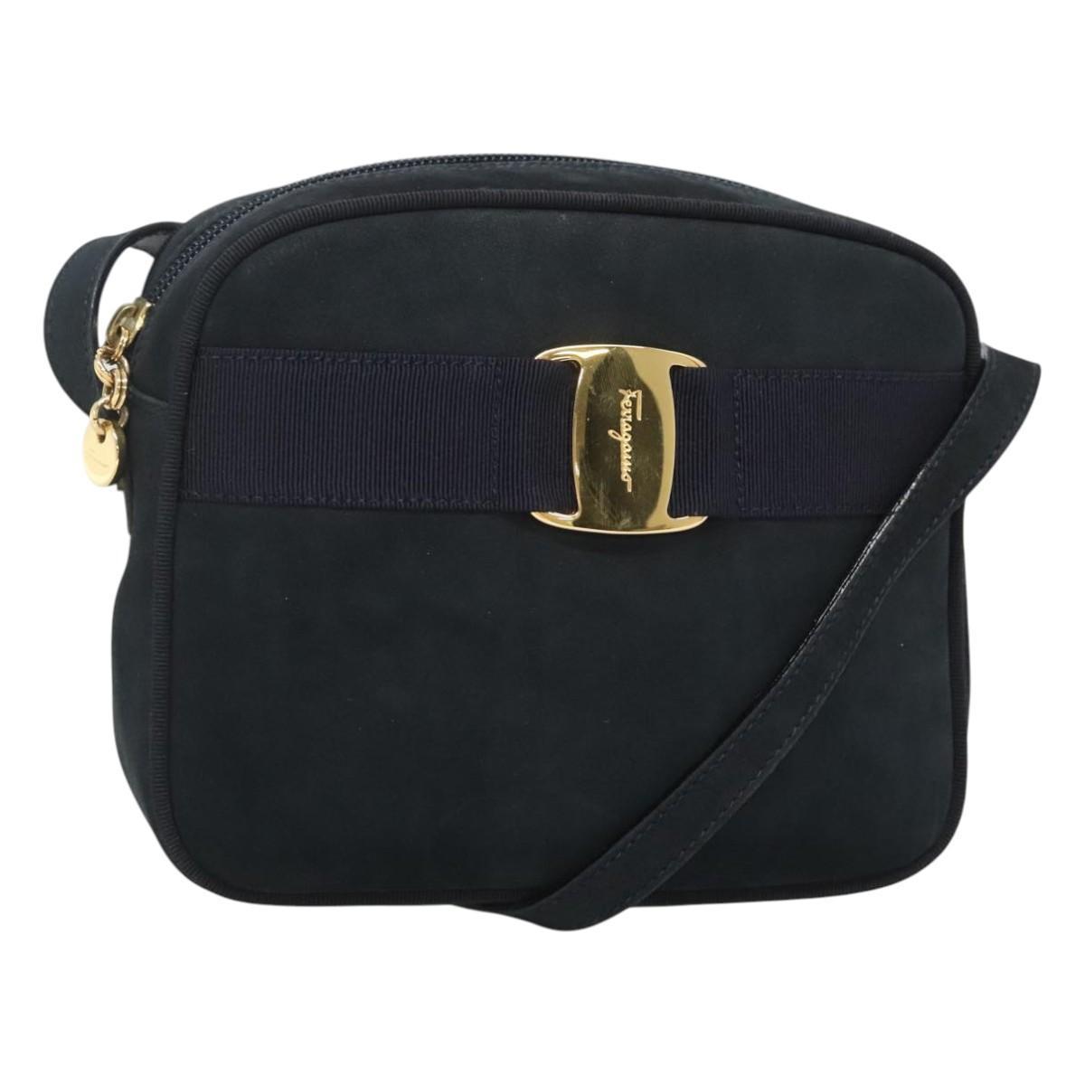 Salvatore Ferragamo Vala Shoulder Bag Suede Navy Gold Auth Gh061